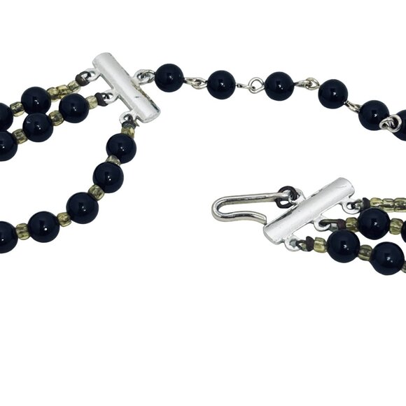 Triple Strand Black And Iridescent Beaded Necklace (801) - Picture 6 of 7